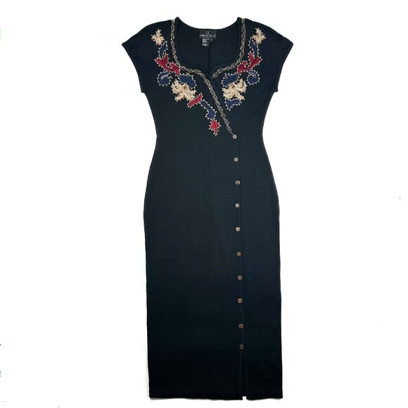 Vintage Carole Little Sweater Dress Midi Beaded Ethnic Embroidery Asymmetrical - Picture 2 of 8